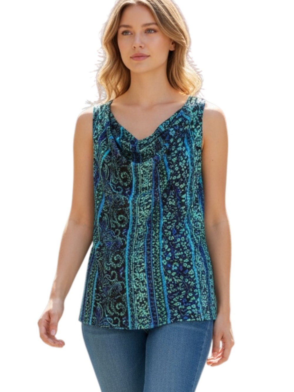 Made in Heaven Blue & Teal Printed Scoop Neck Tank
